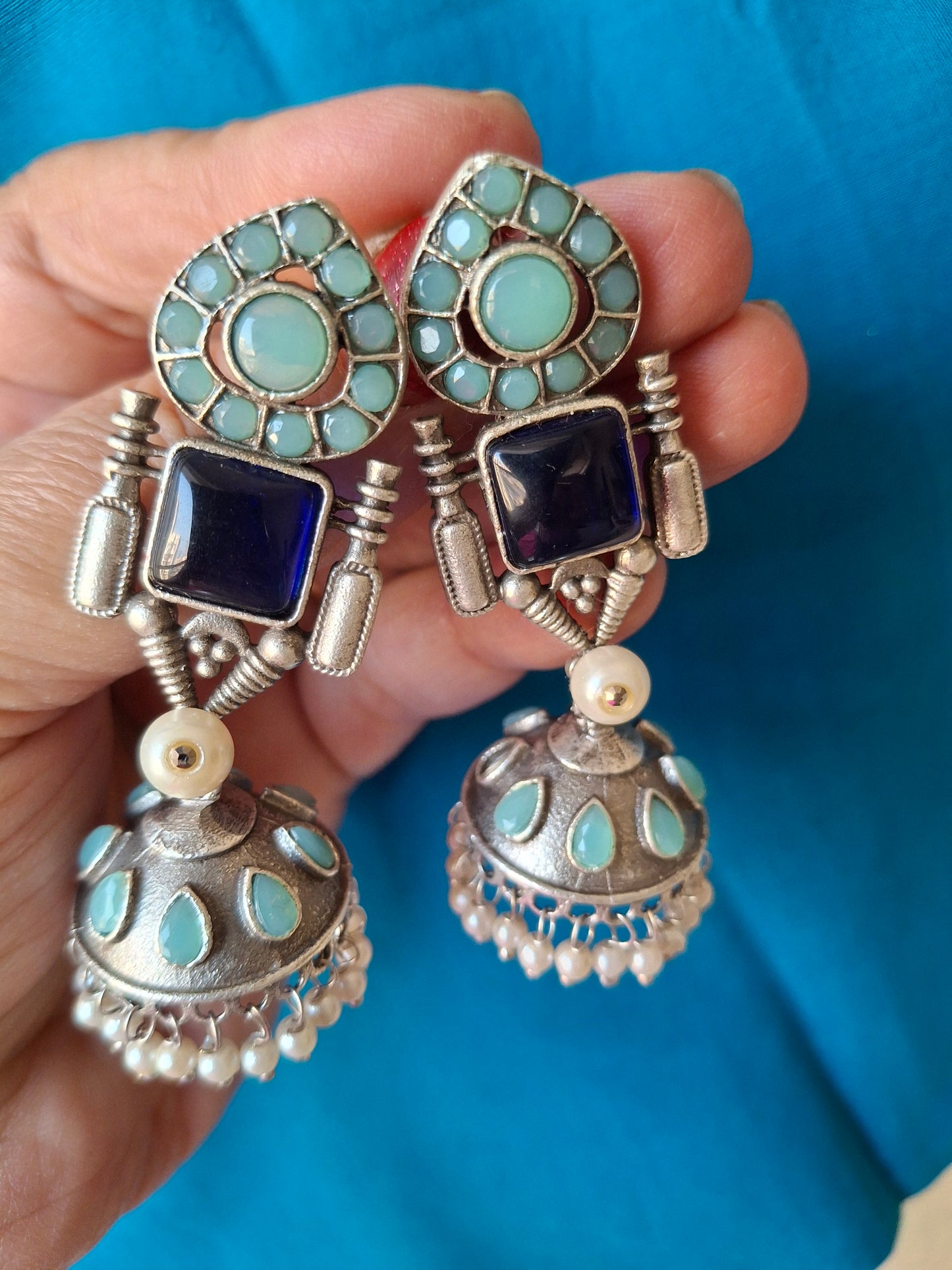 NAVY BLUE JIYA SILVER POLISHED JHUMKI