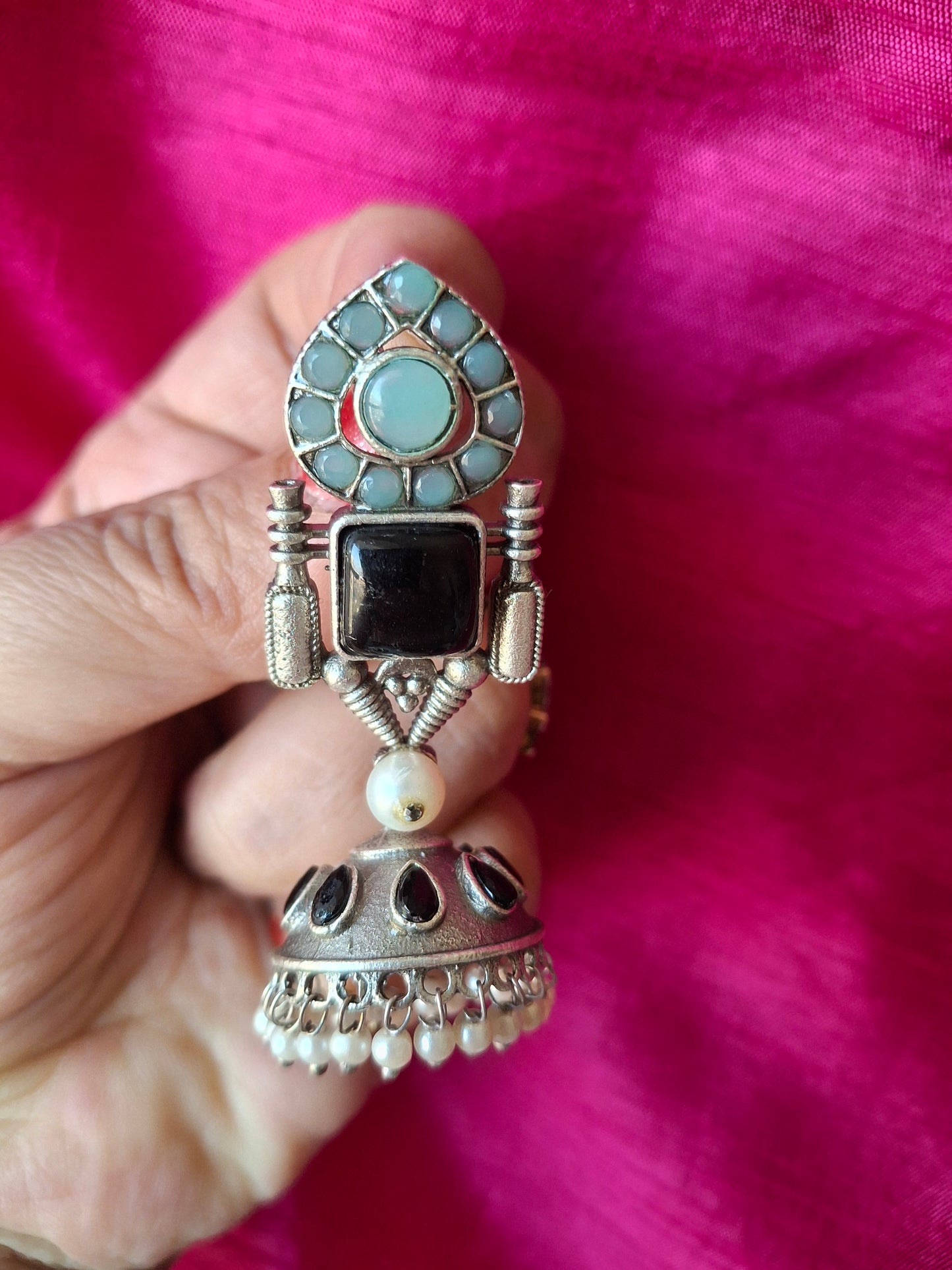 BLACK TURQUOISE JIYA SILVER POLISHED JHUMKI