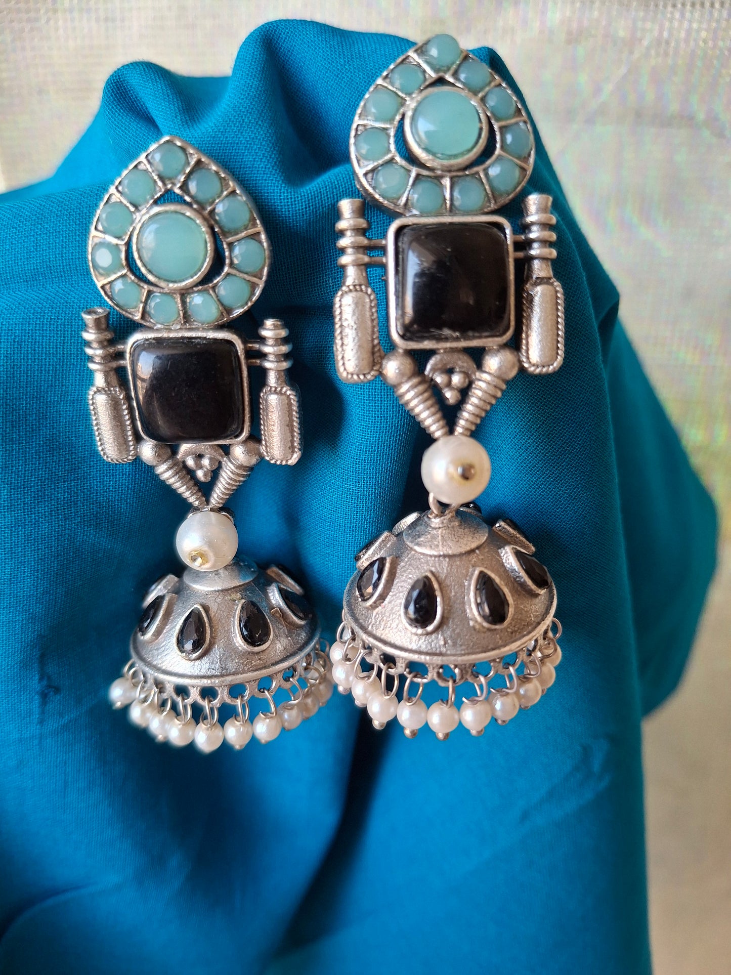 BLACK TURQUOISE JIYA SILVER POLISHED JHUMKI