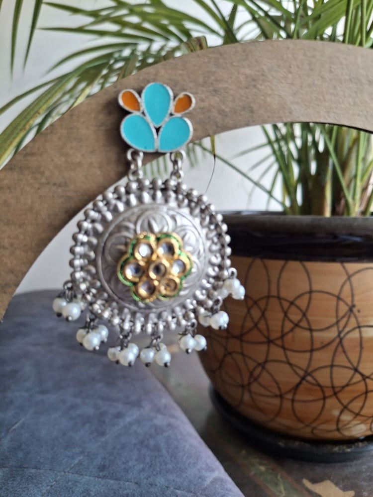 PEACOCK BLUE KRISHA SILVER POLISHED CHANDBALIS