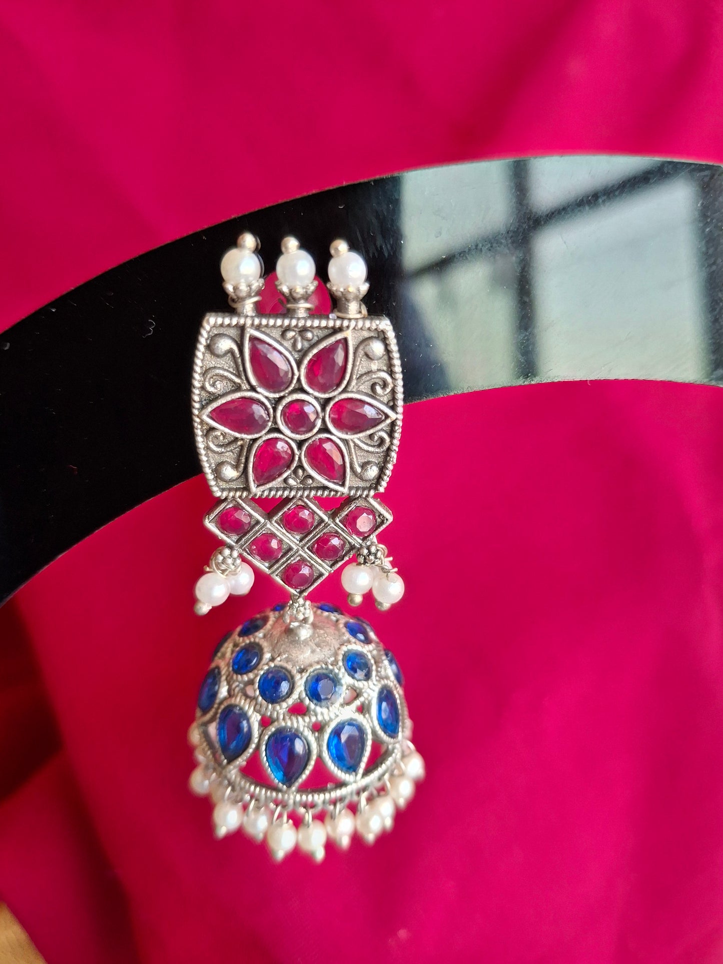 RED & NAVY MAHIRA SILVER JHUMKI