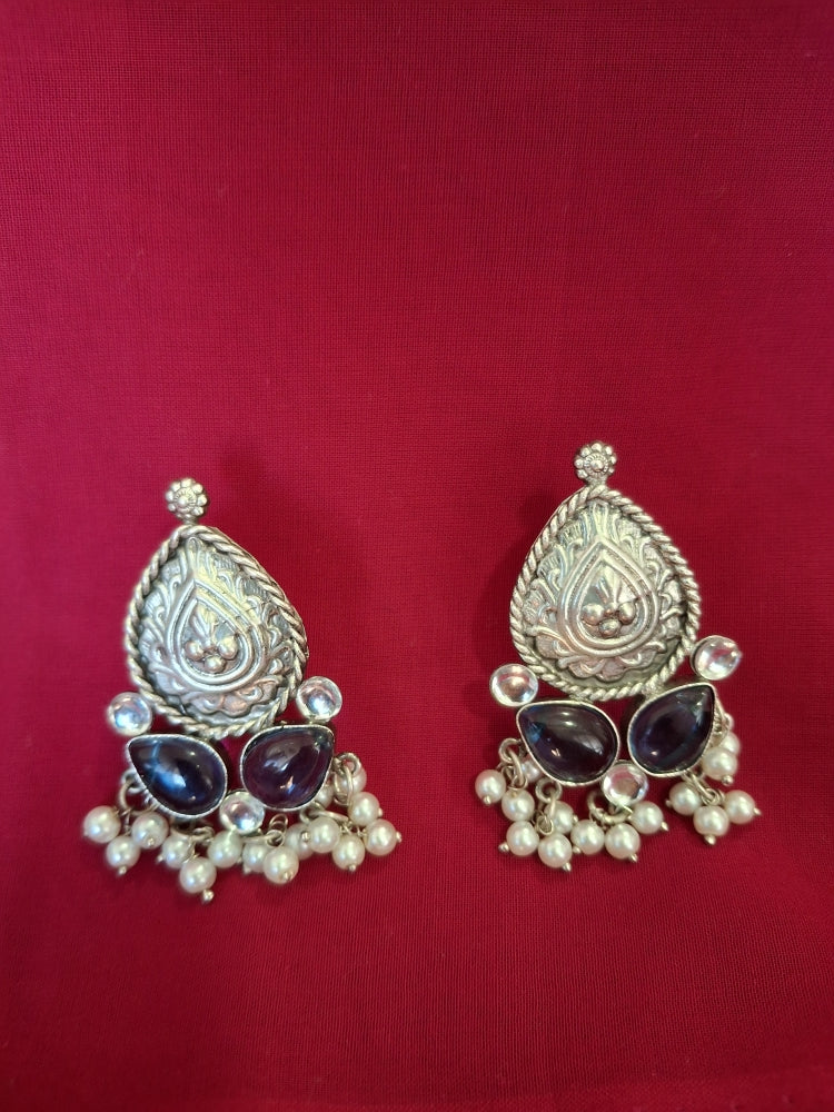 BLUE & WHITE MISHIKA SILVER POLISHED DANGLERS