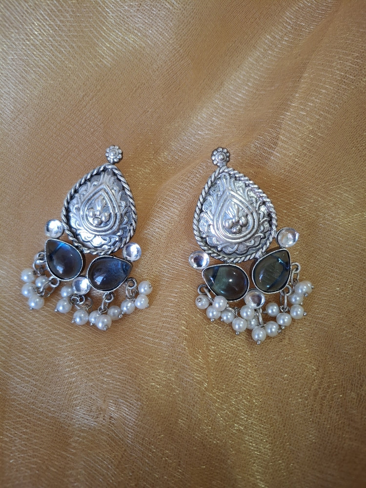 BLUE & WHITE MISHIKA SILVER POLISHED DANGLERS
