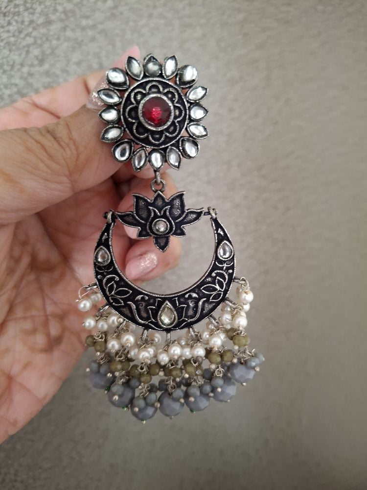 GRAY AADHIRA OXIDISED CHANDBALIS