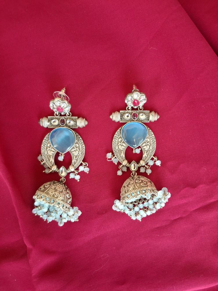 LIGHT BLUE AADVIKA SILVER POLISHED JHUMKA