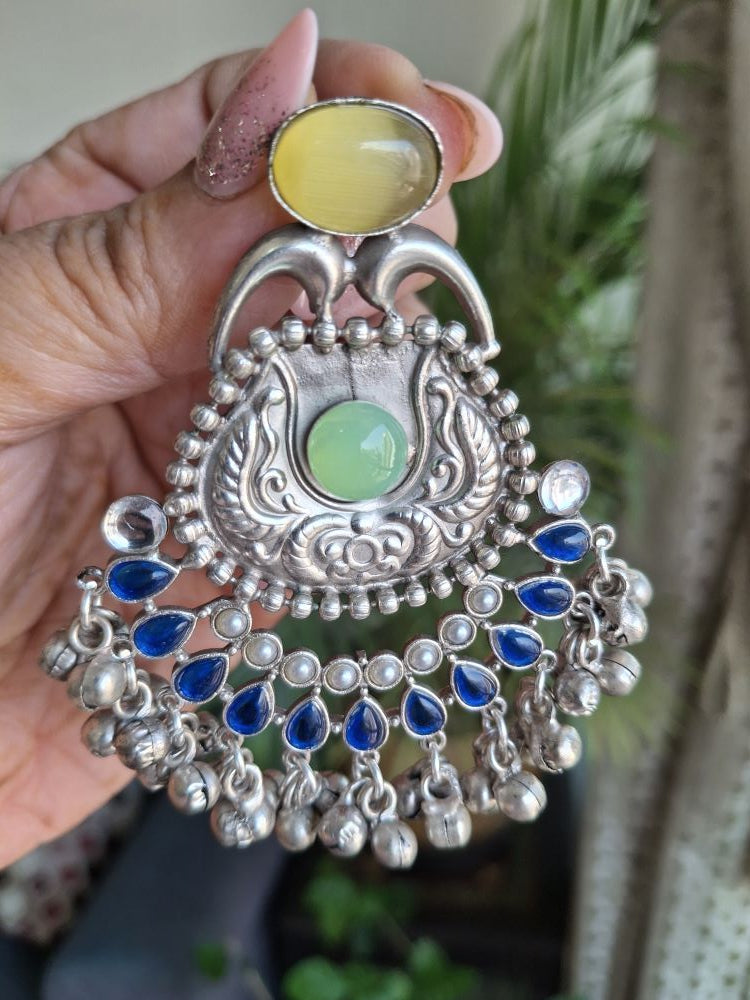 BLUE TURQUOISE AAROHI SILVER POLISHED CHANDBALIS