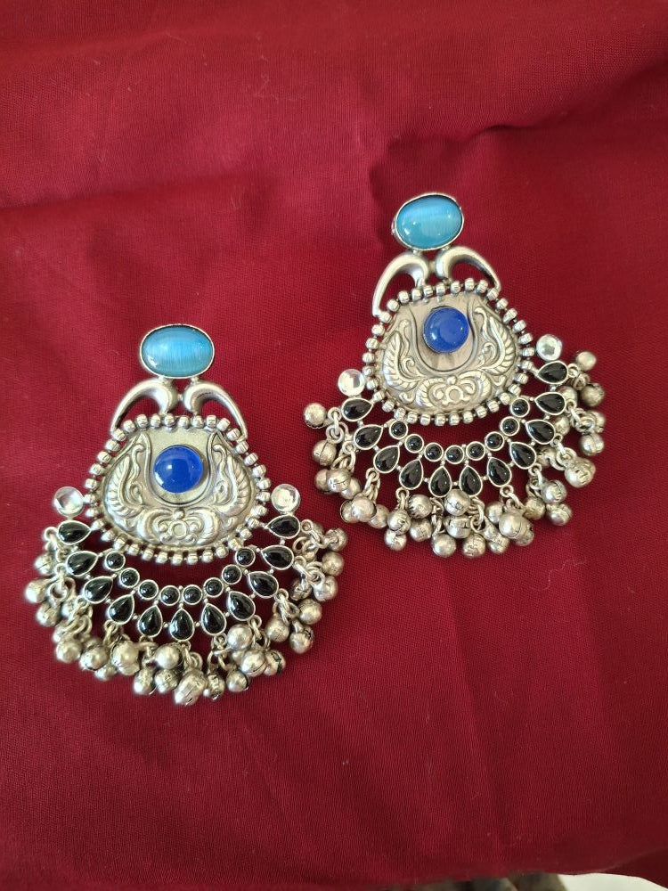 BLACK LIGHT BLUE AAROHI SILVER POLISHED CHANDBALIS