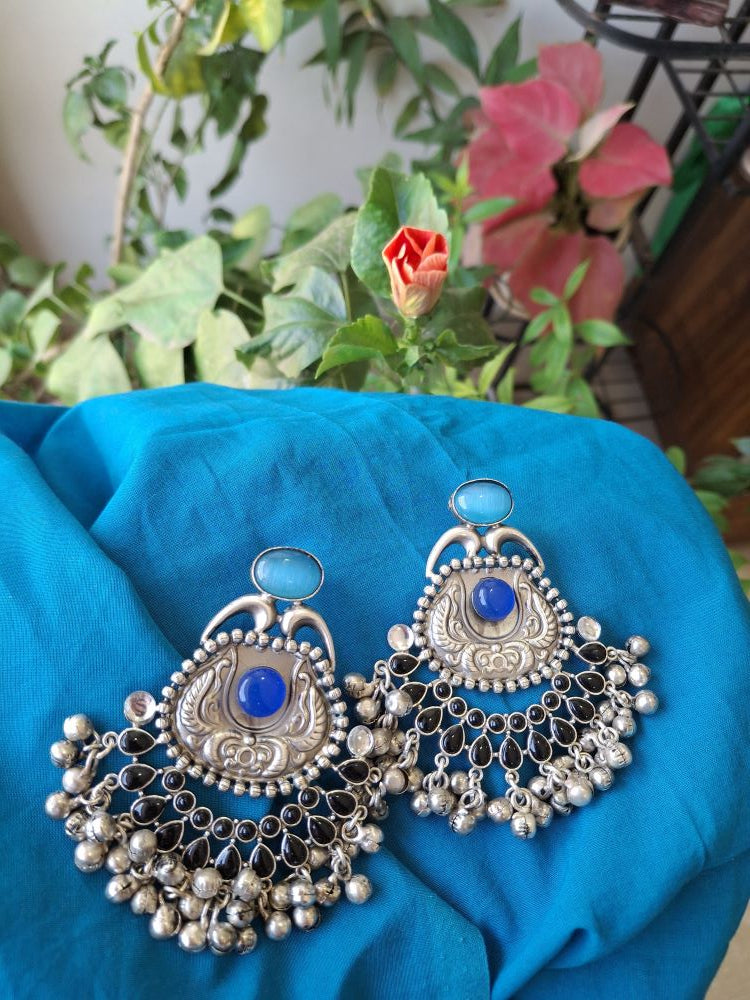 BLACK LIGHT BLUE AAROHI SILVER POLISHED CHANDBALIS