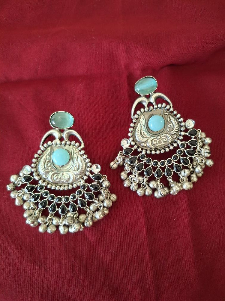BLACK TURQUOISE AAROHI SILVER POLISHED CHANDBALIS