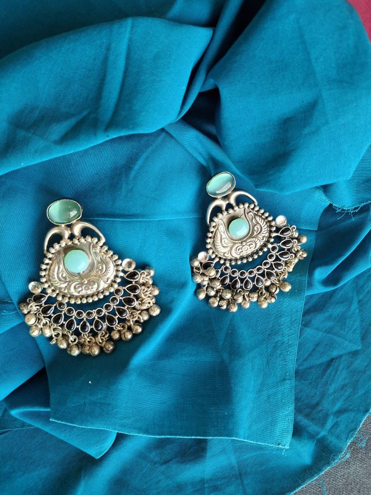 BLACK TURQUOISE AAROHI SILVER POLISHED CHANDBALIS