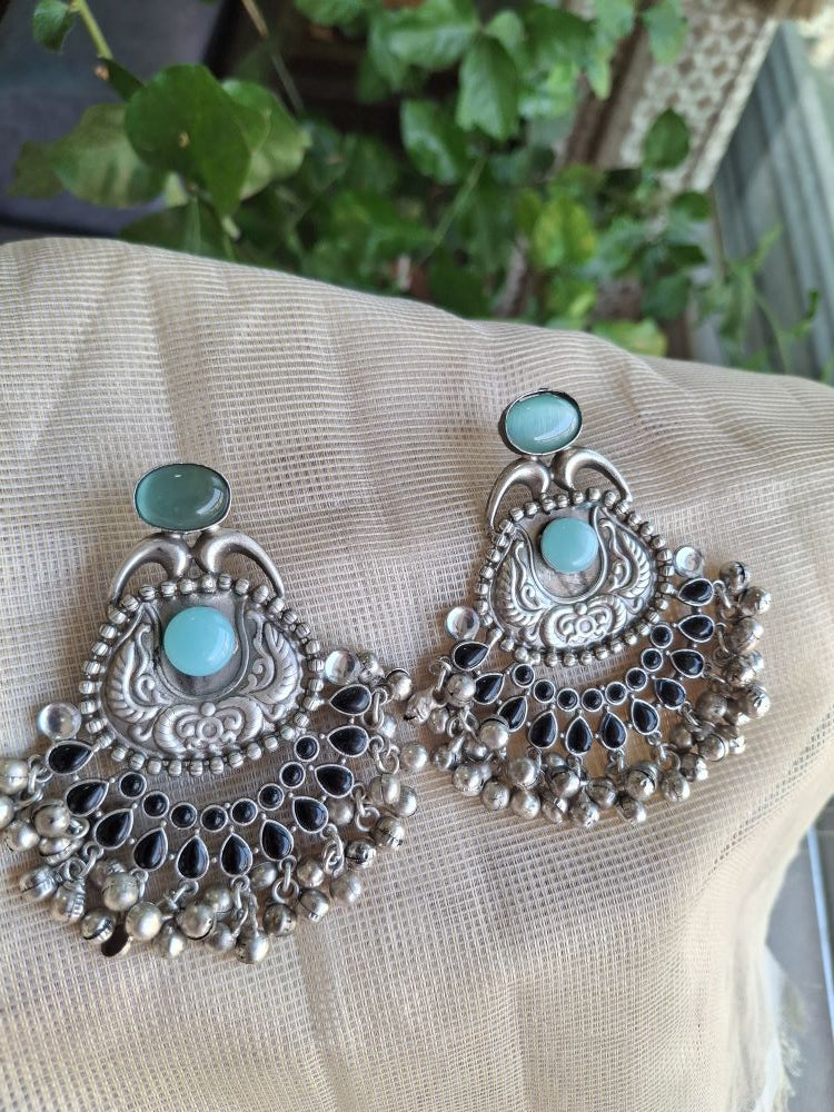 BLACK TURQUOISE AAROHI SILVER POLISHED CHANDBALIS