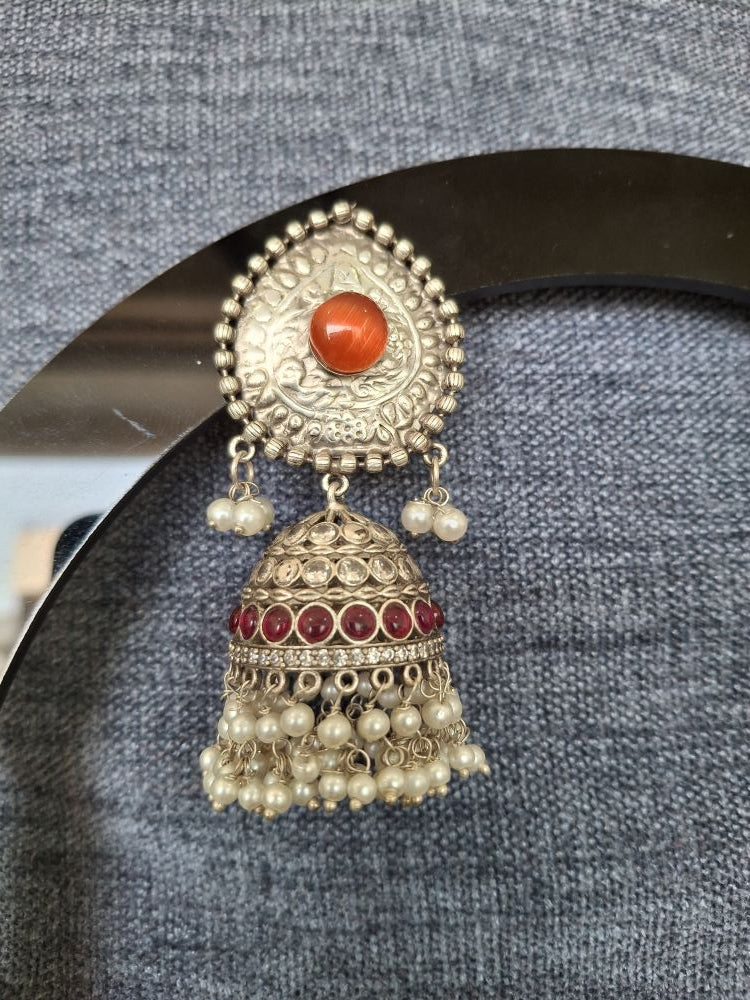 RED AARVI SILVER POLISHED JHUMKI