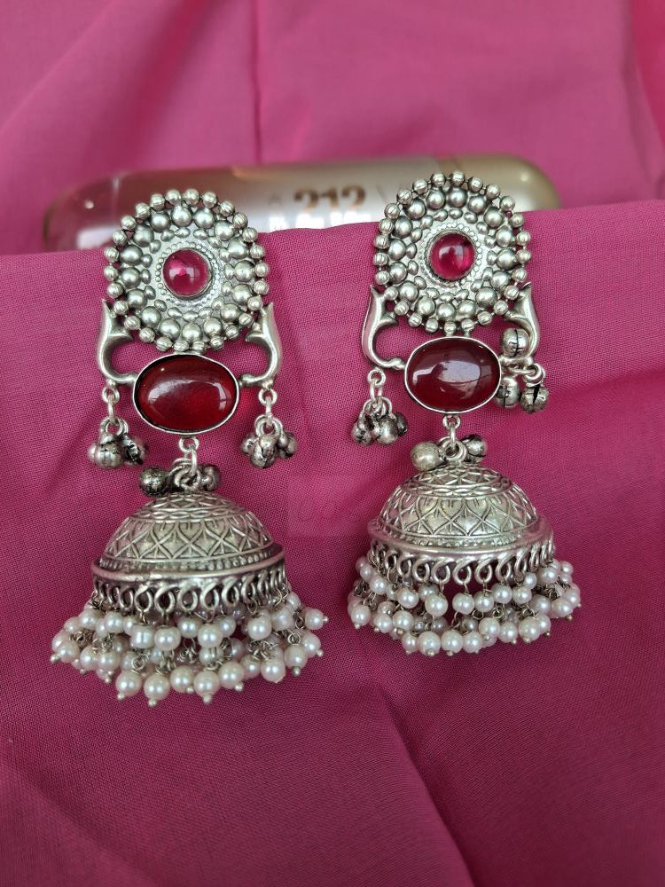 RED AARVEE SILVER POLISHED JHUMKI
