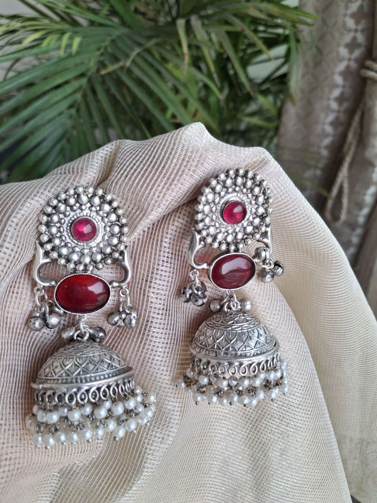 RED AARVEE SILVER POLISHED JHUMKI