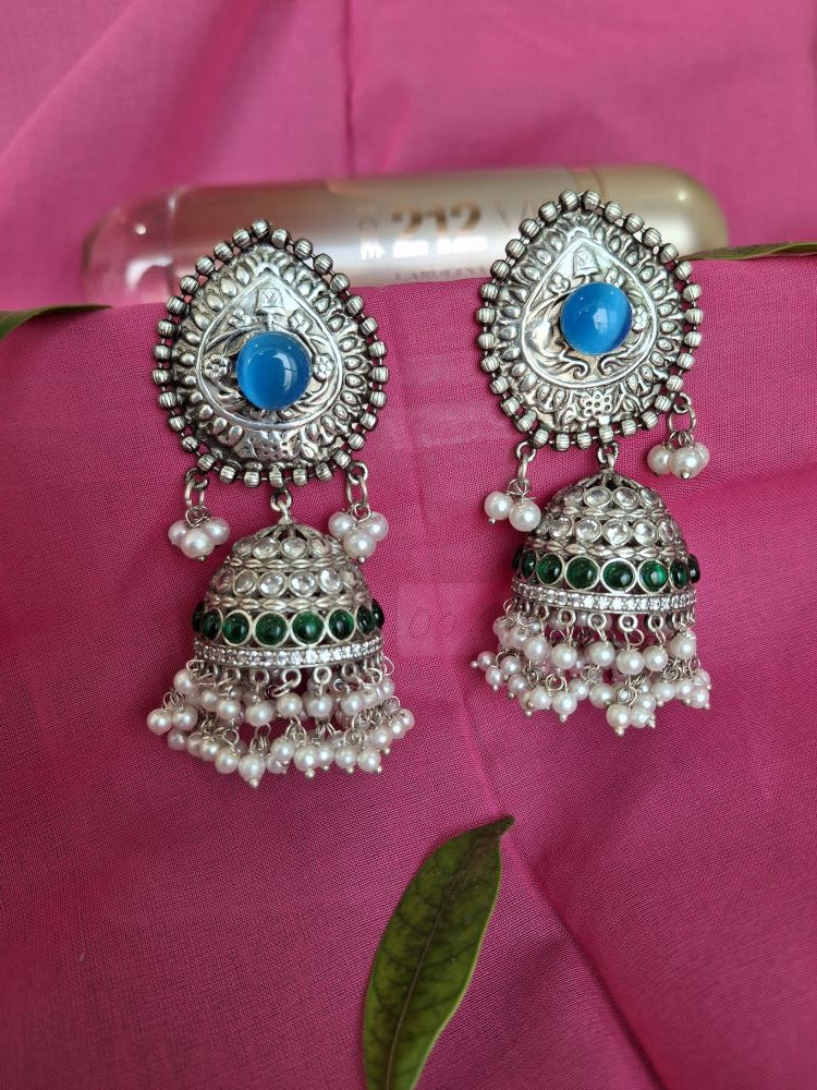 BLUE AARVI SILVER POLISHED JHUMKI