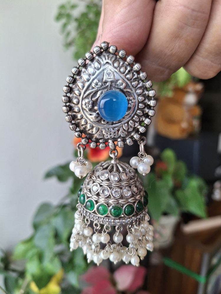 BLUE AARVI SILVER POLISHED JHUMKI