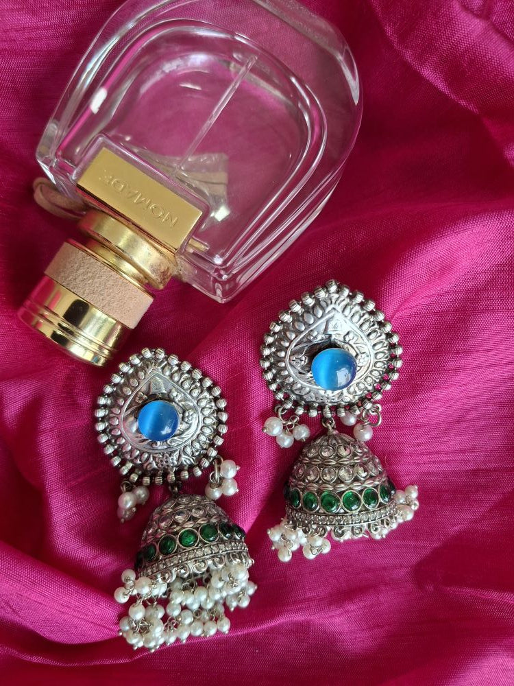 BLUE AARVI SILVER POLISHED JHUMKI