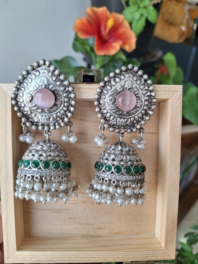 PINK AARVI SILVER POLISHED JHUMKI