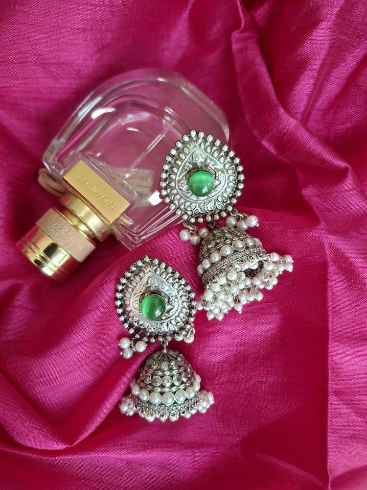 GREEN AARVI SILVER POLISHED JHUMKI