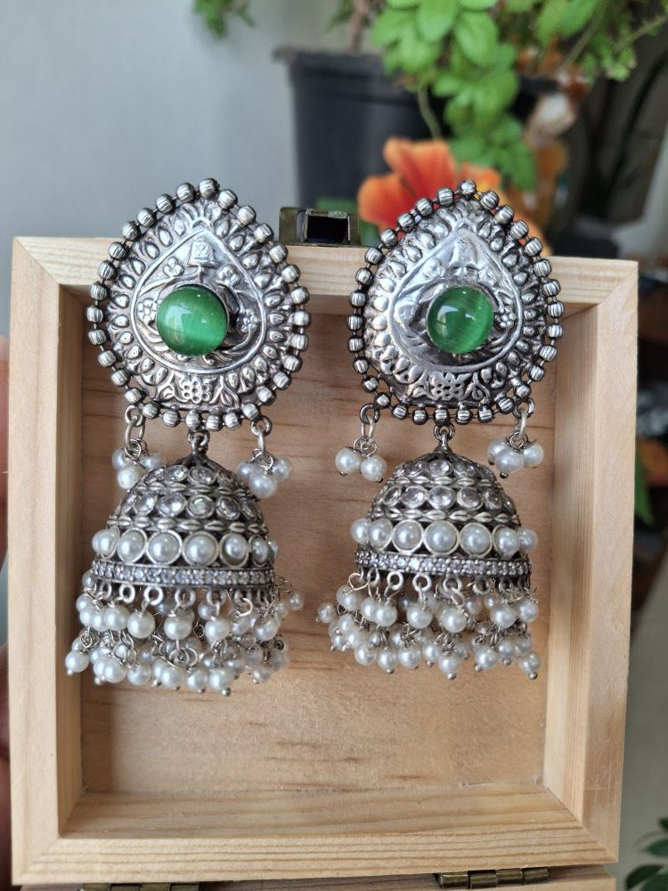 GREEN AARVI SILVER POLISHED JHUMKI