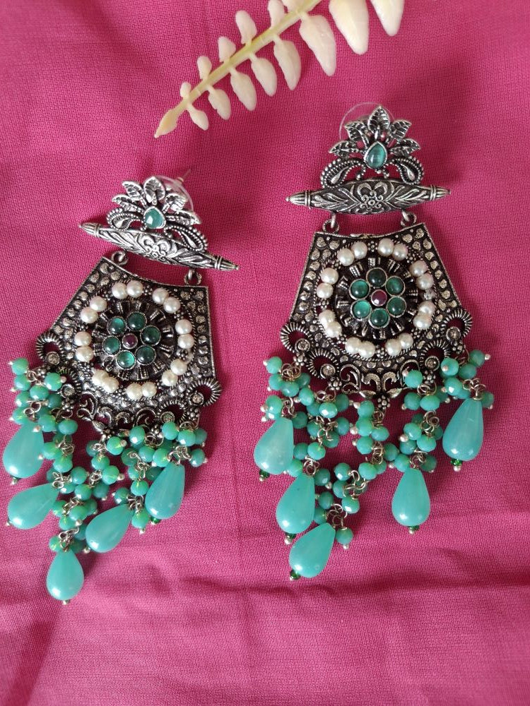 PEACOCK BLUE AMAYA OXIDISED DANGLER