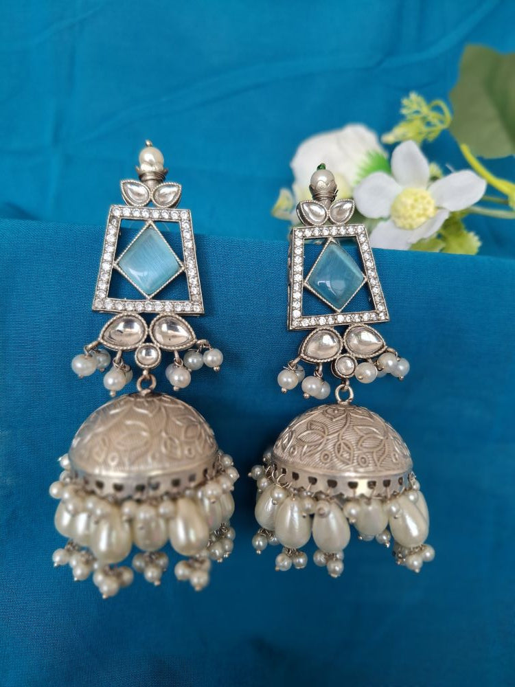 LIGHT BLUE ASHVIKA SILVER POLISHED JHUMKI
