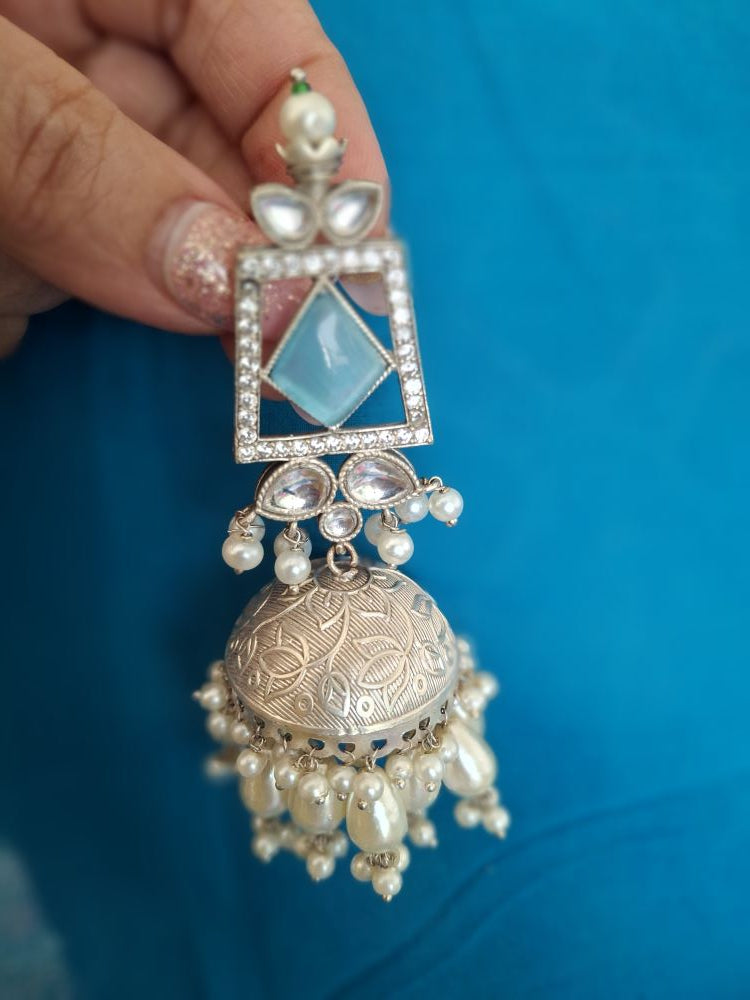 LIGHT BLUE ASHVIKA SILVER POLISHED JHUMKI