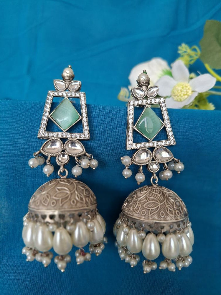TURQUOISE ASHVIKA SILVER POLISHED JHUMKI