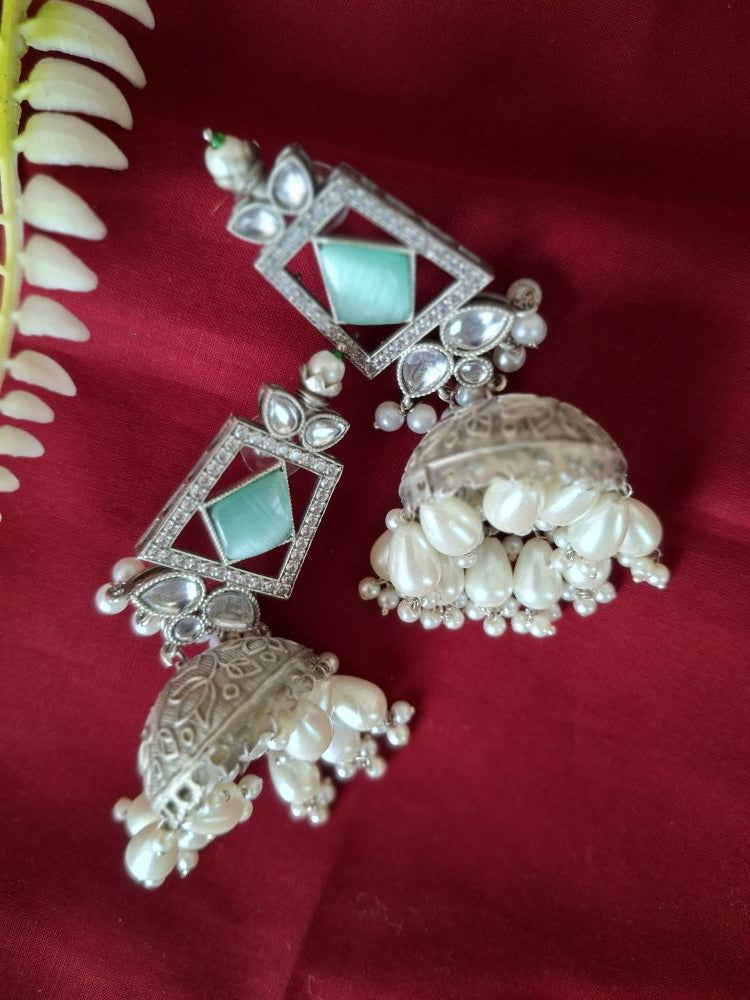 TURQUOISE ASHVIKA SILVER POLISHED JHUMKI