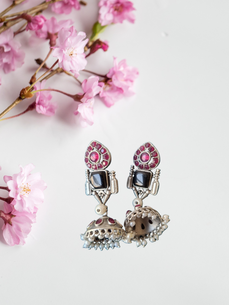 BLACK RED JIYA SILVER POLISHED JHUMKI
