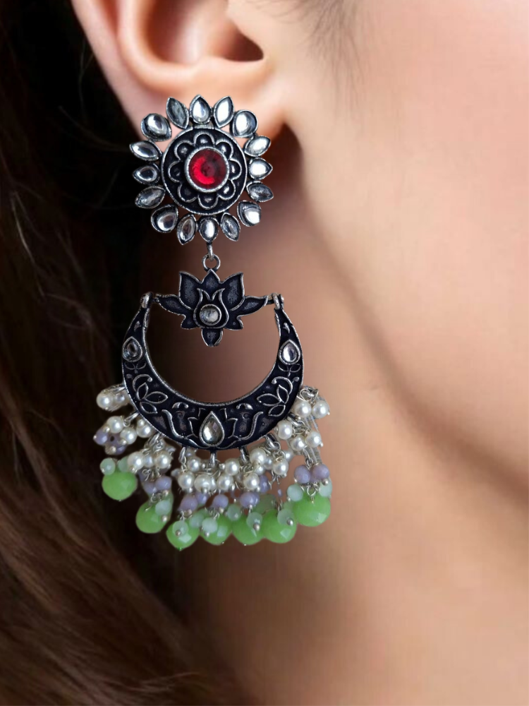 LIGHT GREEN AADHIRA OXIDISED CHANDBALIS