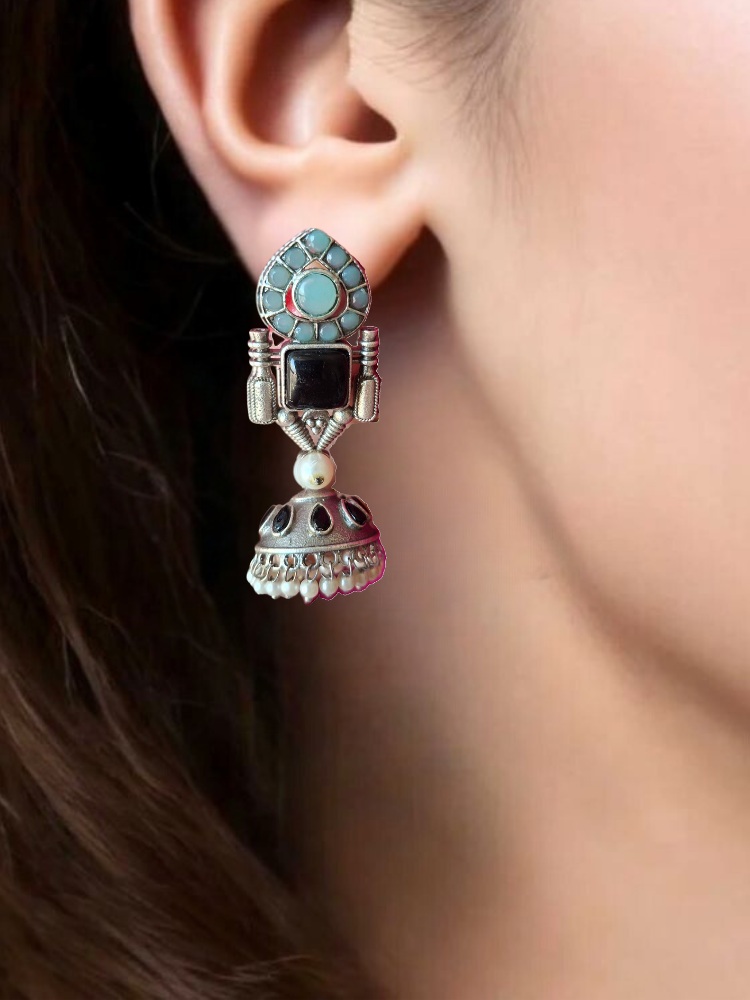 BLACK TURQUOISE JIYA SILVER POLISHED JHUMKI