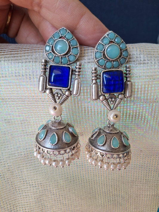 NAVY BLUE JIYA SILVER POLISHED JHUMKI