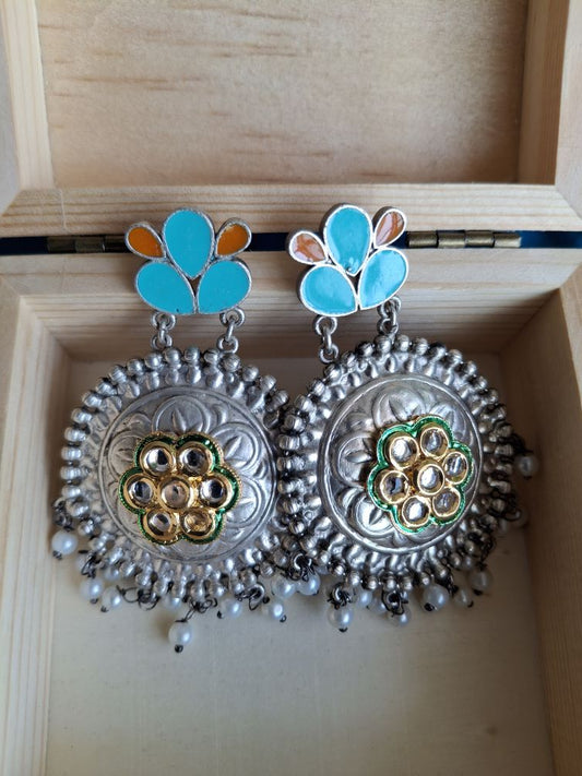 PEACOCK BLUE KRISHA SILVER POLISHED CHANDBALIS