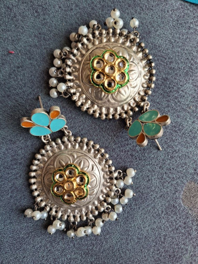 PEACOCK BLUE KRISHA SILVER POLISHED CHANDBALIS