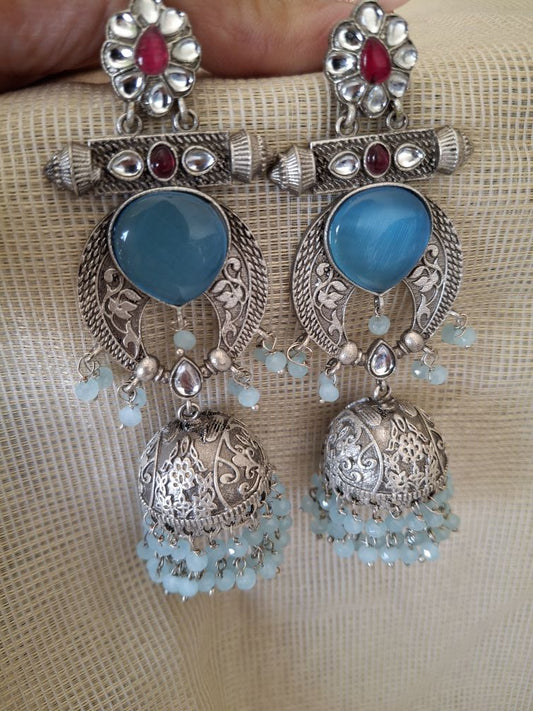 LIGHT BLUE AADVIKA SILVER POLISHED JHUMKA