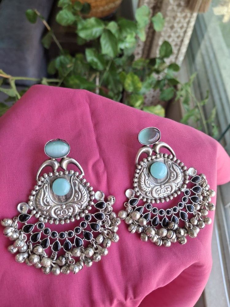 BLACK  TURQUOISE AAROHI SILVER POLISHED CHANDBALIS