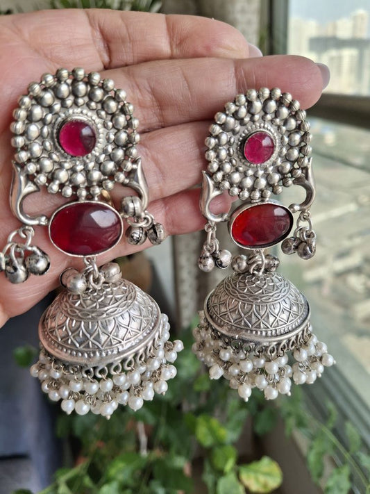 RED AARVEE SILVER POLISHED JHUMKI