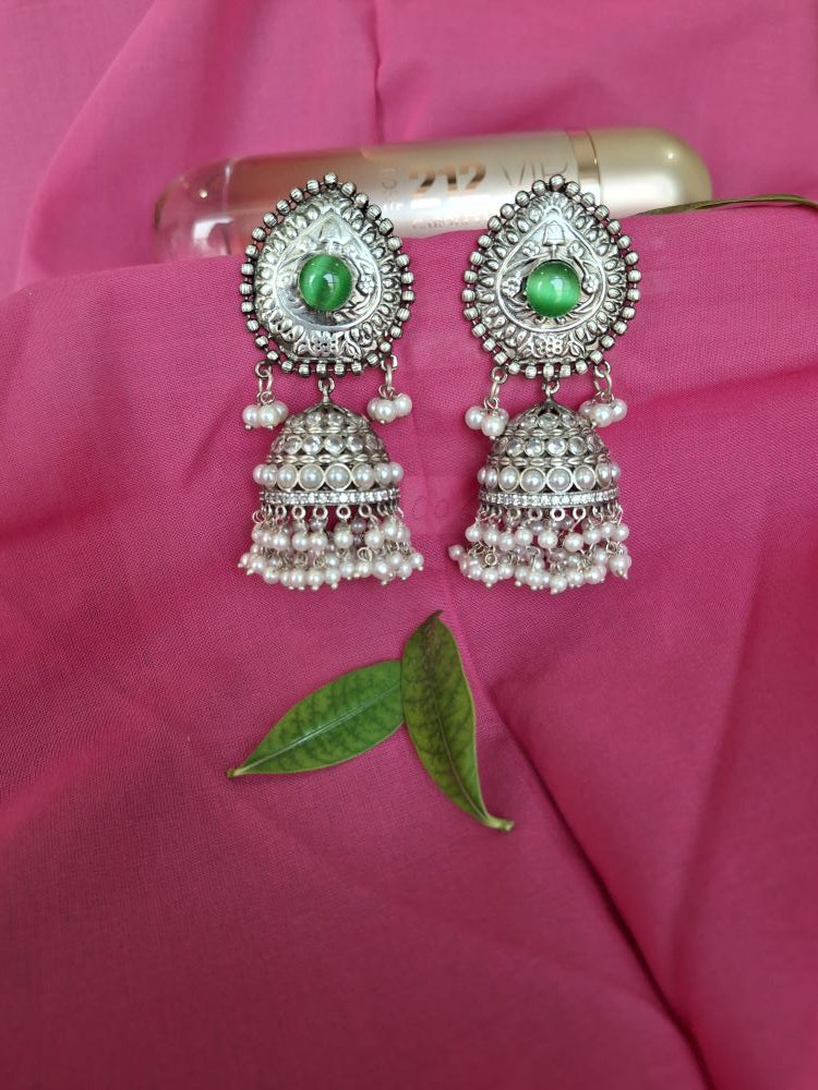 GREEN AARVI  SILVER POLISHED JHUMKI