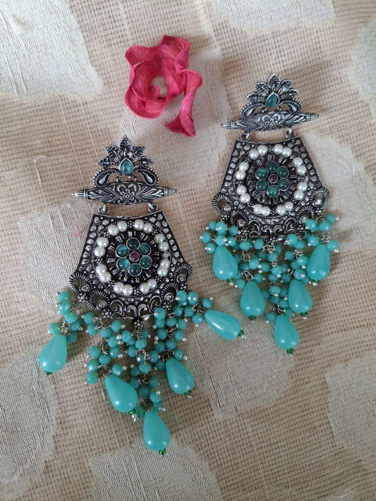 PEACOCK BLUE AMAYA OXIDISED DANGLER