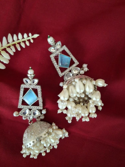 LIGHT BLUE ASHVIKA SILVER POLISHED JHUMKI