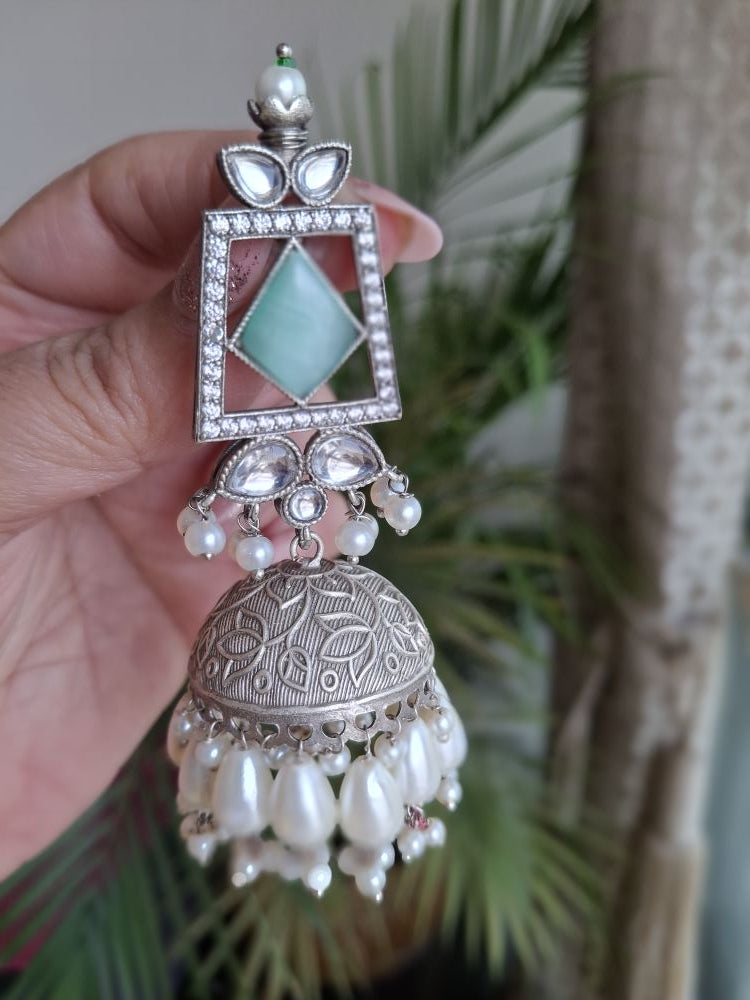 TURQUOISE ASHVIKA SILVER POLISHED JHUMKI