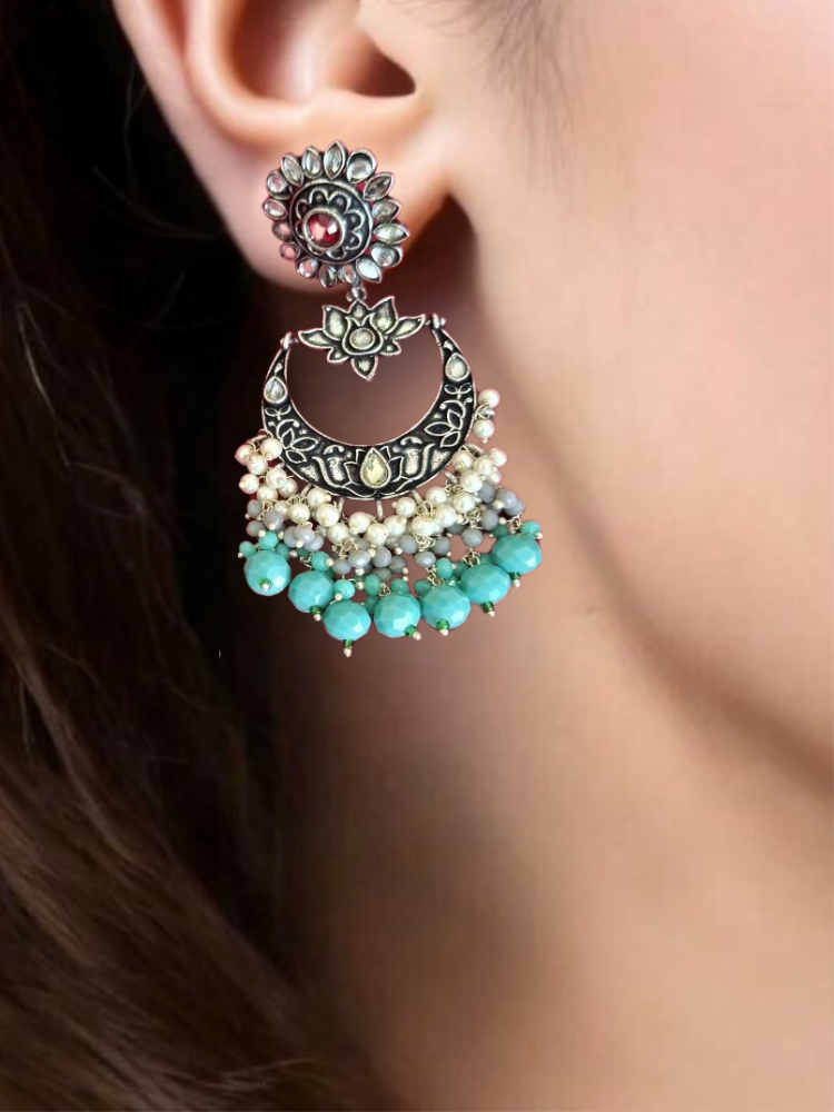 TURQUOISE AADHIRA OXIDISED CHANDBALIS